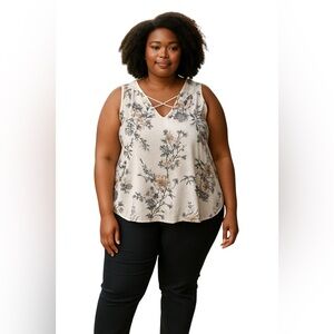 MAURICES FLORAL CAGED V NECK SLEEVELESS TOP Size XXL Cream Brown Tan Taupe Black